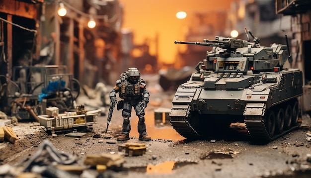 Diorama de una zona de guerra robótica del año 2049. Miniatura de guerra digital.