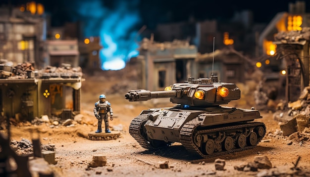 Diorama de una zona de guerra robótica del año 2049. Miniatura de guerra digital.