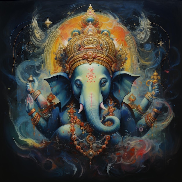 El dios hindú Ganesha de piel azul y cabeza de elefante con una corona y joyas de oro