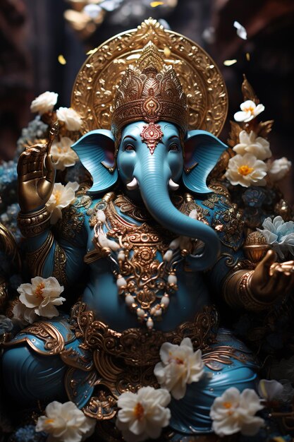 Dios hindú Ganesha con pintura al óleo de flores llevada al cielo sentada frente al fondo del mandala bokeh