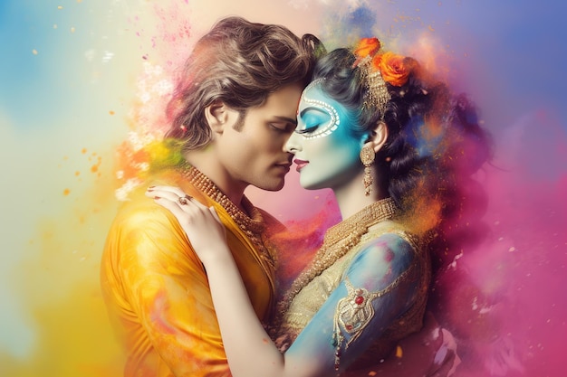 El dios indio Krishna y Radha jugando a holi Generative Ai