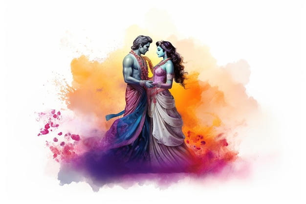 El dios indio Krishna y Radha jugando a holi Generative Ai