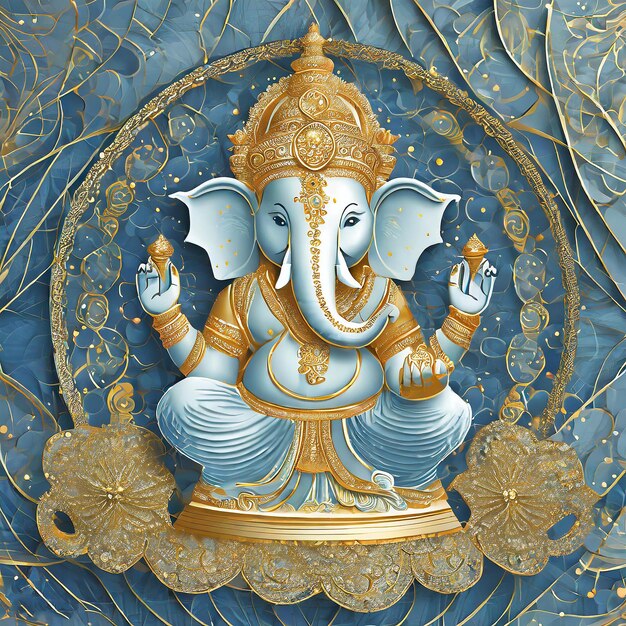 El dios indio Lorad Ganesh brilla dorado dorado y metálico murti en libra azul ligting oro