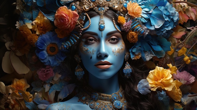 Dios Krishna hombre de piel azul en el jardín