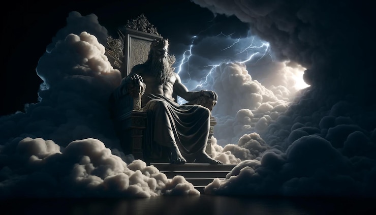 Foto dios mitológico sentado en el trono en el oscuro cielo tormentoso