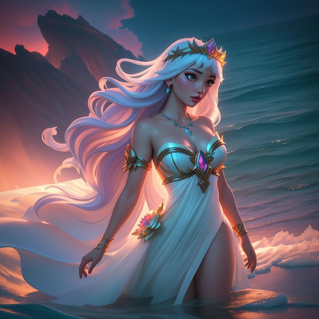 Diosa elegante del personaje del agua con fondo de mar