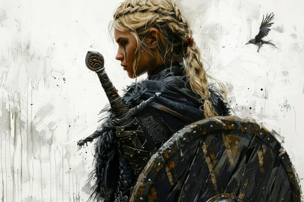 Diosa guerrera impresionante vikinga rubia con espada y escudo adornada con trenzas