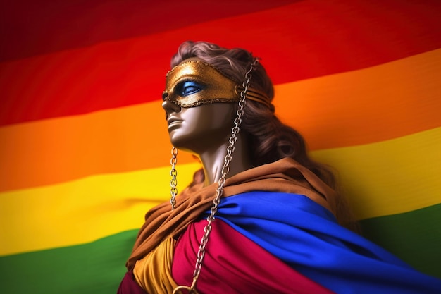 La diosa de la justicia con los ojos vendados Themis o Justitia contra la bandera del arco iris de la comunidad LGBT como un concepto de problemas sociales LGBT