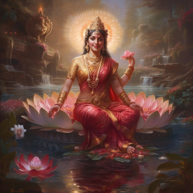 Diosa Laxmi sonriendo sentada en el loto IA generativa
