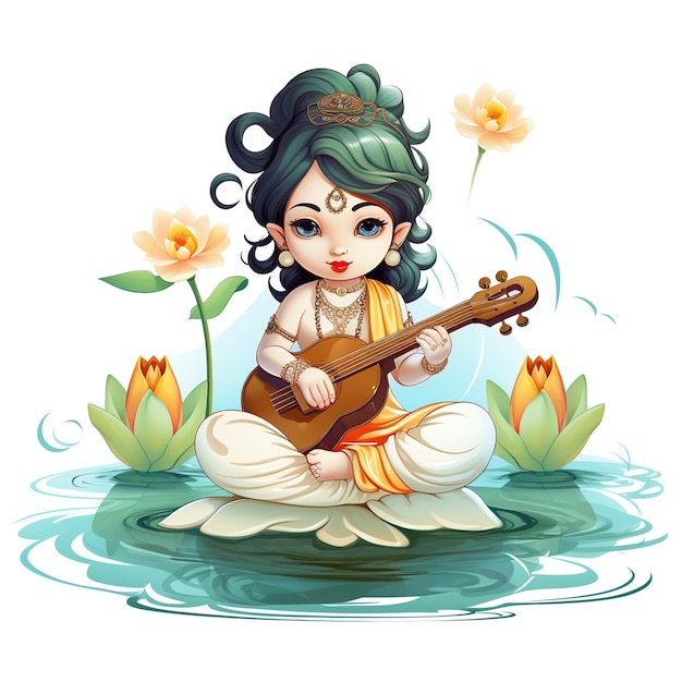 Foto la diosa maa saraswati de dibujos animados instrumentos de música clásica tocando saraswati veena