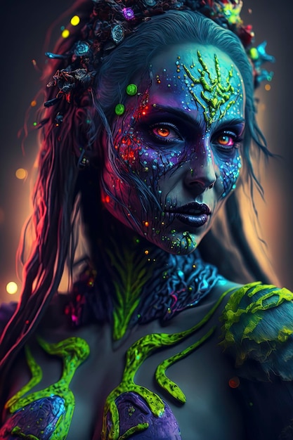 Una diosa zombi del horror y el terror con un arco iris de neón con un esquema de colores pastel AIGenerated