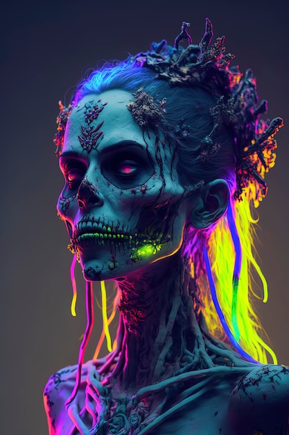 Una diosa zombi del horror y el terror con un arco iris de neón con un esquema de colores pastel AIGenerated