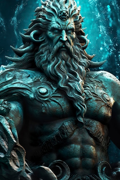 Los dioses del mar Dios Zeus Necronomicon dioses del dios del mar elementos futuristas de ciencia ficción bronce oscuro y azul claro primer plano AI Generativo