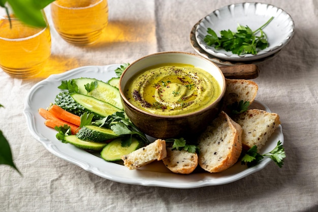 Dip de calabacín, zanahoria, cebolla y queso crema con verduras frescas y pan