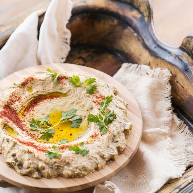 Dip tradicional de berinjela árabe baba ganoush com ervas e páprica fumada em um fundo de madeira