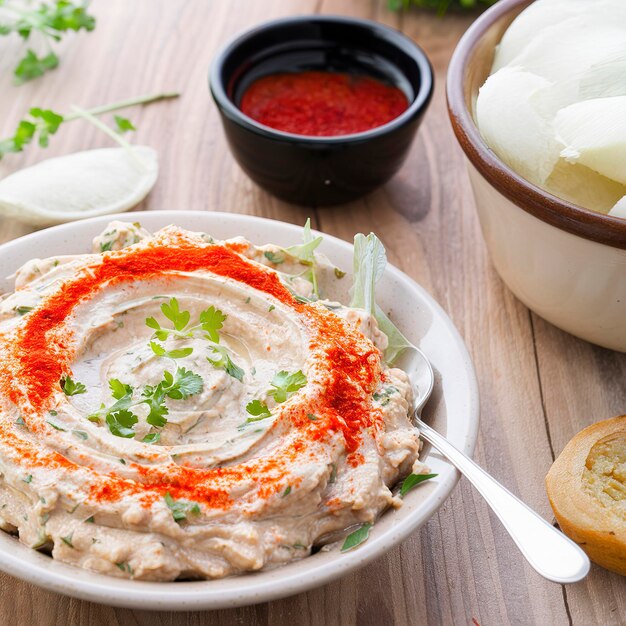 Dip tradicional de berinjela árabe baba ganoush com ervas e páprica fumada em um fundo de madeira