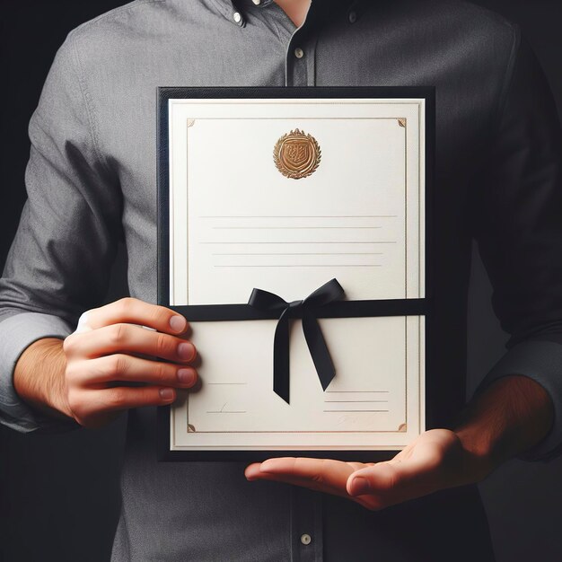 Un diploma en blanco o una maqueta de certificado en la mano de un empleado que lleva una camisa