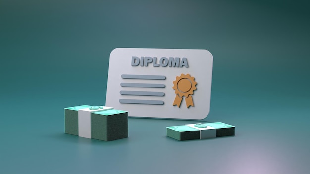 Diploma com selo e dólares O conceito de graduação e obtenção de um certificado 3d render