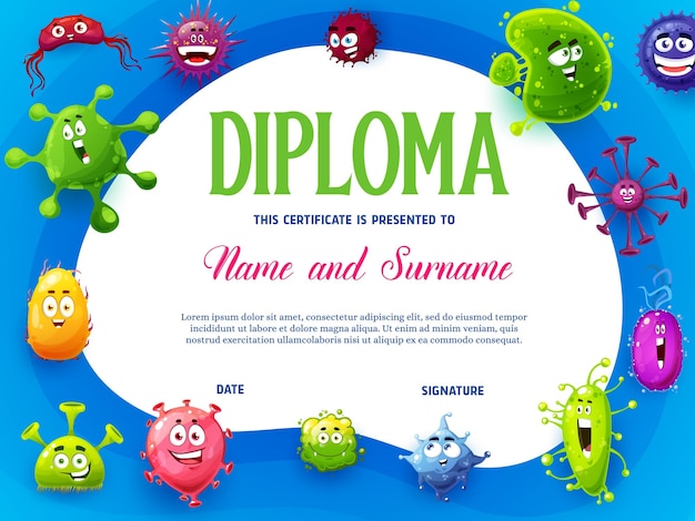 Diploma para niños con personajes de virus y microbios.