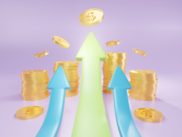 Dirección de la flecha de negocios hacia el éxito Gráfico de aumento de ganancias. Concepto de crecimiento y éxito financiero. Ilustración 3D.