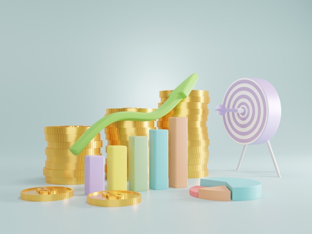 Dirección de la flecha de negocios hacia el éxito Gráfico de aumento de ganancias. Concepto de crecimiento y éxito financiero. Ilustración 3D.