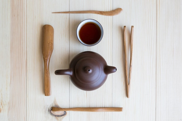 Foto directamente por encima de la taza de té en la mesa