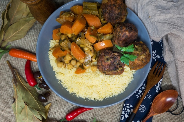 Foto directamente por encima de la toma de la comida servida en la mesa