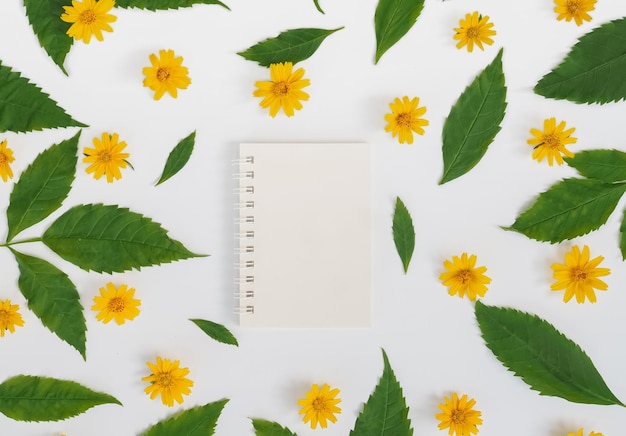 Directamente encima de la vista del cuaderno en blanco con flor de naranja y hoja verde sobre fondo blanco.