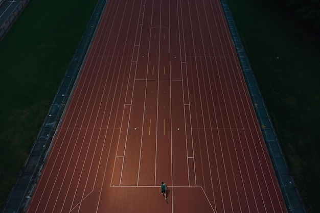 Directamente sobre el punto de vista del dron atleta masculino chino asiático corriendo en la pista de hombres lluvioso tarde incluso