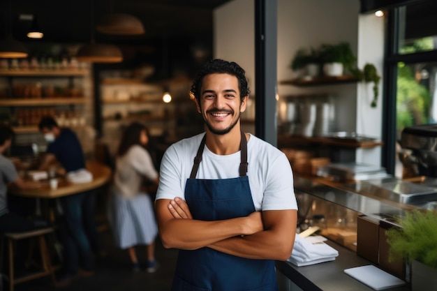 El director de la cafetería de la puerta invita a los clientes.