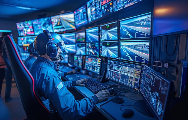 Director de carreras y sala de control de circuitos para deportes de motor con numerosas líneas de monitoreo de televisión