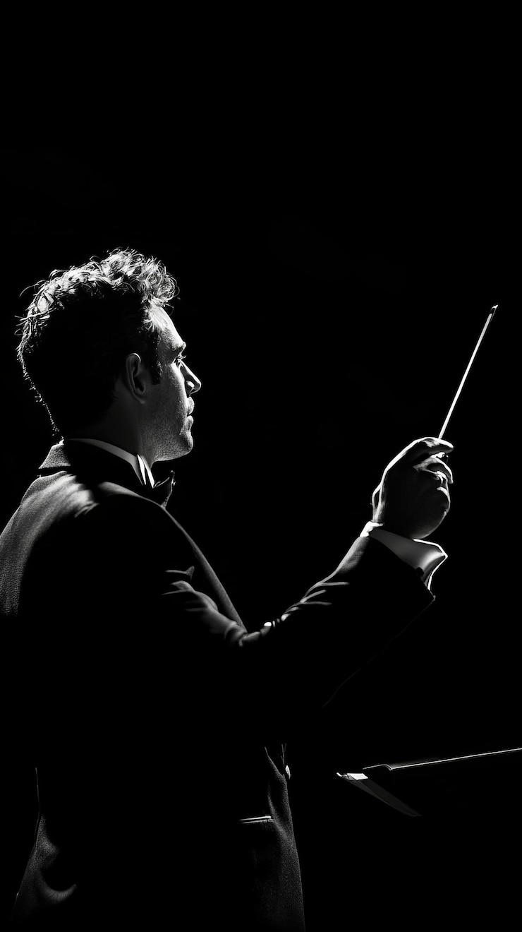 Foto director dirigiendo una orquesta aislada sobre un fondo negro