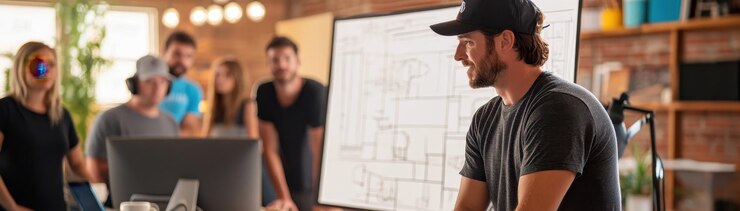 El director lidera el equipo en una sesión de planificación detallada de la producción de video revisando el guión con el equipo para un proyecto creativo