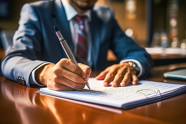 El director masculino firma documentos en su oficina AI generativa