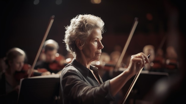 Director de orquesta mujer caucásica madura dirigiendo una orquesta en un ensayo o actuación en la sala de conciertos IA generativa AIG22