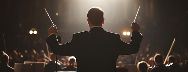 Foto director de orquesta con traje negro con bastón en la mano