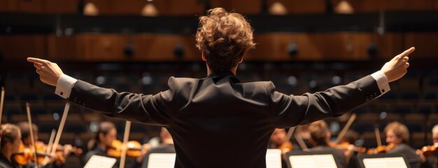 Foto director de orquesta con traje negro y brazos extendidos