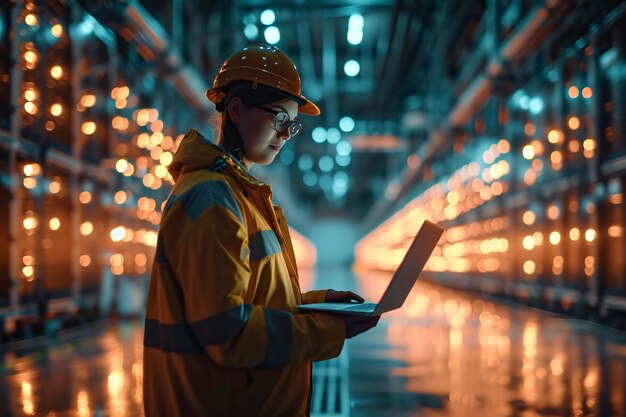 Foto director de tecnología del centro de datos de concepto futurista sosteniendo una computadora portátil de pie en el almacén