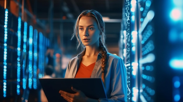 Director de Tecnología femenina usando una computadora portátil de pie en el almacén activa los servidores