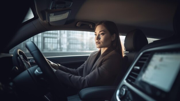 Directora Ejecutiva Mujer Caucásica Joven Adulta Realización de una videollamada con un equipo remoto desde un automóvil estacionado IA generativa AIG22