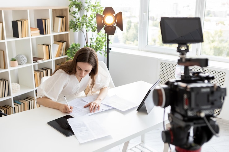 Foto directora de negocios de papel mujer firmar chica trabajando con papeles en el escritorio del estudio modelo femenino escribe
