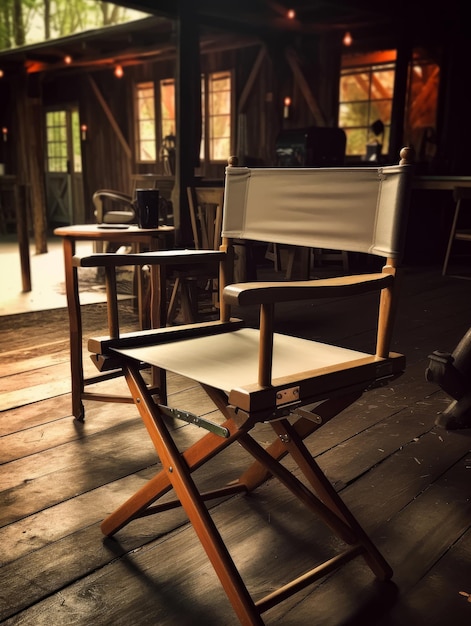Direktorenstuhl und andere Stühle auf Holzdeck