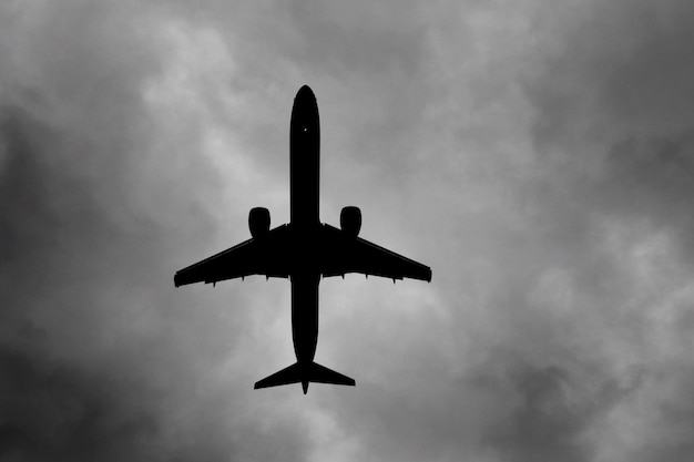 Foto diretamente abaixo de uma foto de avião contra o céu