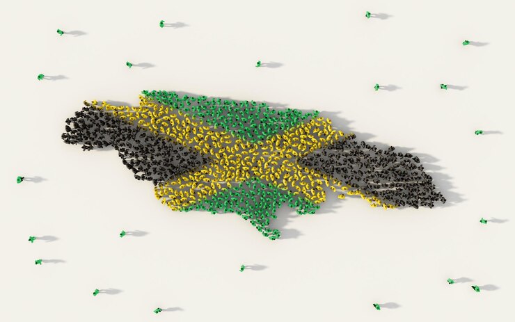 Foto diretamente acima da foto da multidão formando a bandeira jamaicana e o mapa em fundo cinzento