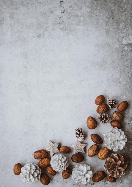 Diretamente acima da foto de cones de pinheiro e nozes na mesa durante o Natal
