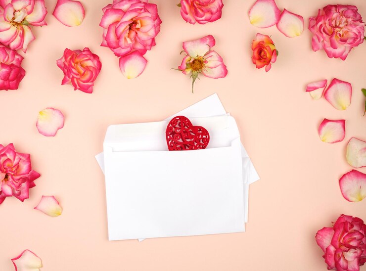 Foto diretamente acima da foto de forma de coração vermelho em envelope em meio a flores na mesa