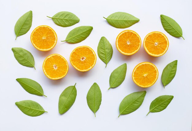 Diretamente acima da foto de frutos e folhas de laranja em fundo branco