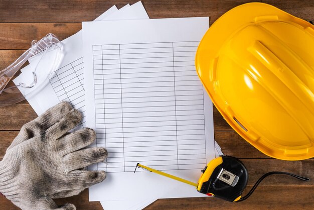 Diretamente acima da foto de materiais de escritório por Hardhat na mesa