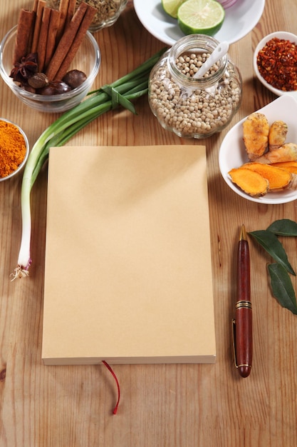 Foto diretamente acima da foto de um livro fechado com comida crua na mesa