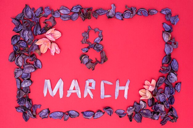 Diretamente acima, tiro de texto e número feito com pétalas de flores sobre fundo vermelho